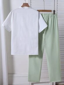 2pcs/Set Men's Teen Casual Textured Fabric Pocket Contrast Trim Design Shirts Daily Commute Vacation Outings Sixth Form White Summer - Mint Green - View 2