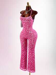 Amplova 女款性感豹紋街頭風連身褲 浪漫度假夜店外訪粉色夏季款 - 玫紅色 - 查看 4