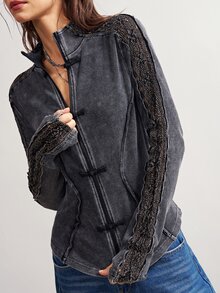 Bohemela Women's Vintage Frog Button Hollow Knit Sequin Long Sleeve Jacket - Black - View 1