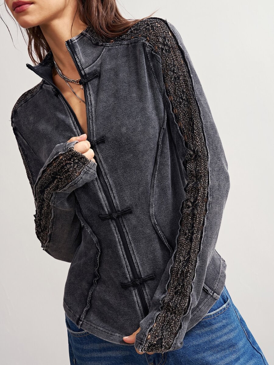 Bohemela Women's Vintage Frog Button Hollow Knit Sequin Long Sleeve Jacket - Black - View 1