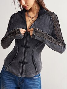 Bohemela Women's Vintage Frog Button Hollow Knit Sequin Long Sleeve Jacket - Black - View 3
