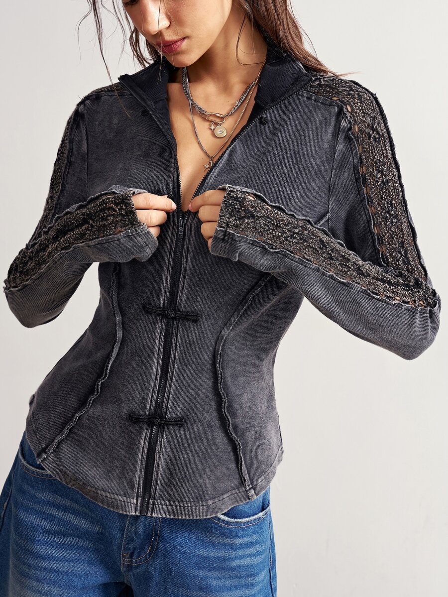 Bohemela Women's Vintage Frog Button Hollow Knit Sequin Long Sleeve Jacket - Black - View 1