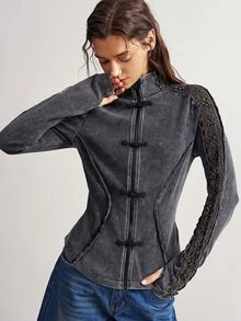 Bohemela Women's Vintage Frog Button Hollow Knit Sequin Long Sleeve Jacket - Black - View 5