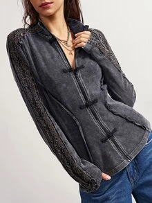 Bohemela Women's Vintage Frog Button Hollow Knit Sequin Long Sleeve Jacket - Black - View 4
