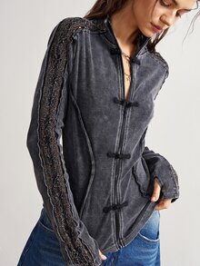 Bohemela Women's Vintage Frog Button Hollow Knit Sequin Long Sleeve Jacket - Black - View 7