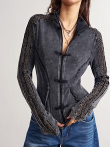 Bohemela Women's Vintage Frog Button Hollow Knit Sequin Long Sleeve Jacket - Black - View 6