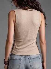 Balvessa Women's Solid Color Overlap V-Neck Button Design Casual Tank Top Brunch Tan Summer - Apricot - View 2