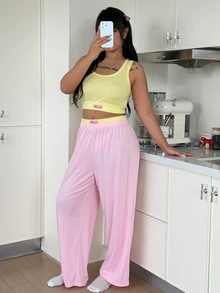 ZzzCrew Plus Size Vibrant Contrast Color High Elasticity Skin-Friendly Ribbed Texture Fitted Tank Top & Long Pants Women's Loungewear Pajama Set, Versatile Casual Wear For Young Girls - Multicolor - View 5