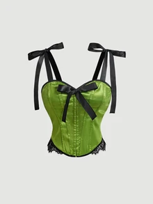SHEIN MOD Women's Bowknot Decor Contrast Lace Hem Camisole - Green - View 5