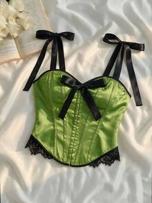 SHEIN MOD Women's Bowknot Decor Contrast Lace Hem Camisole - Green - View 4