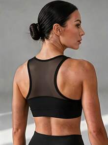 Sirith Women's Solid Color Contrast Mesh Daily Fitness Sports Bra - Black - View 6