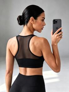 Sirith Women's Solid Color Contrast Mesh Daily Fitness Sports Bra - Black - View 5