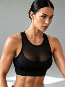 Sirith Women's Solid Color Contrast Mesh Daily Fitness Sports Bra - Black - View 3