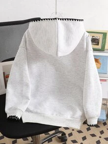 SHEIN 青少年女孩秋冬休閒街頭風針織保暖內裡拼色波浪邊刺繡寬鬆落肩大口袋拉鍊連帽外套，適合返校與日常穿著 - 灰色 - 查看 2