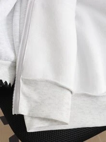 SHEIN 青少年女孩秋冬休閒街頭風針織保暖內裡拼色波浪邊刺繡寬鬆落肩大口袋拉鍊連帽外套，適合返校與日常穿著 - 灰色 - 查看 5