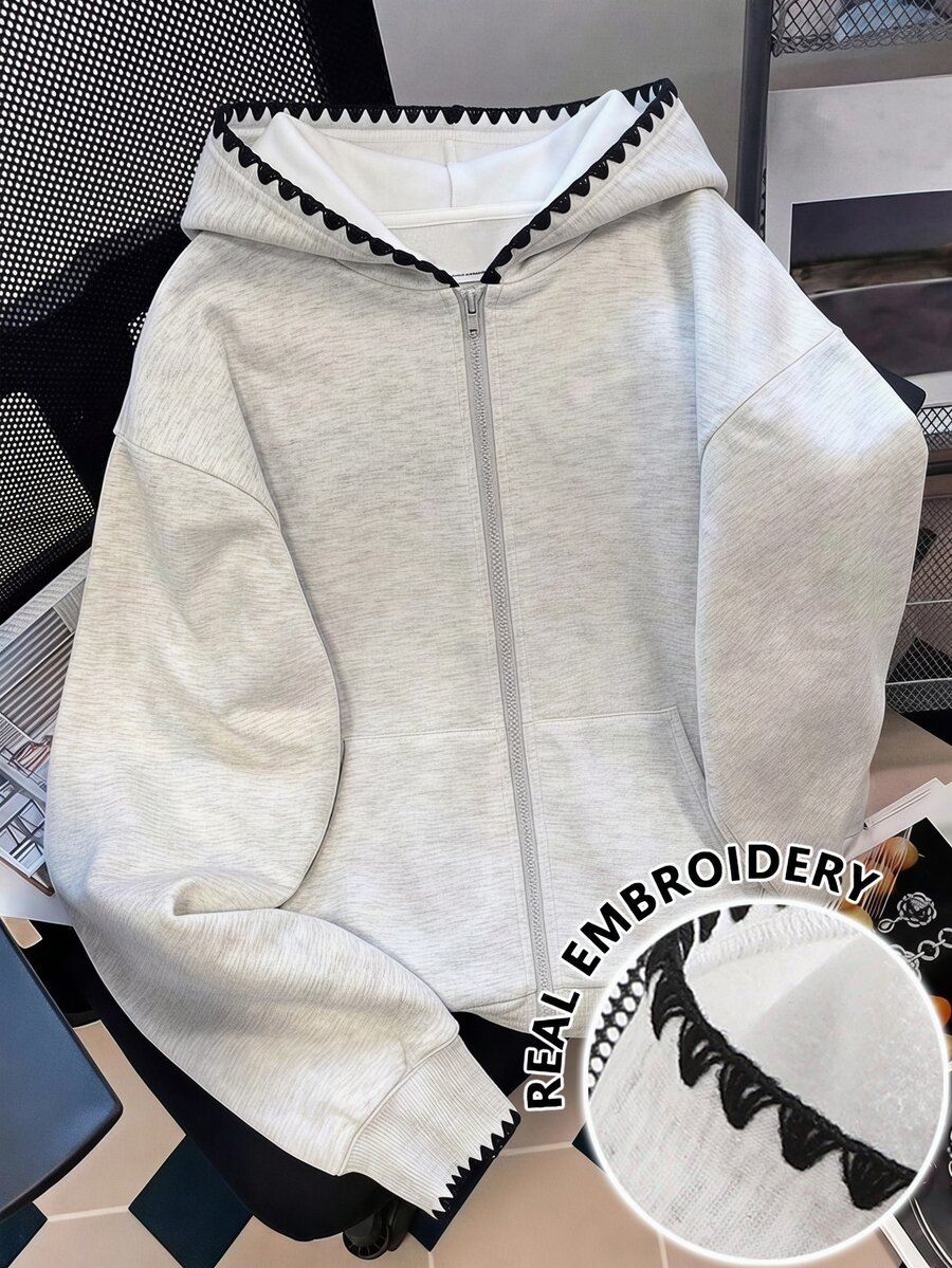 SHEIN 青少年女孩秋冬休閒街頭風針織保暖內裡拼色波浪邊刺繡寬鬆落肩大口袋拉鍊連帽外套,適合返校與日常穿著 - 灰色 - 查看 1