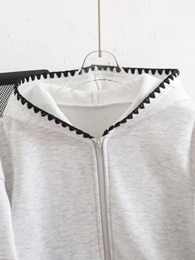 SHEIN 青少年女孩秋冬休閒街頭風針織保暖內裡拼色波浪邊刺繡寬鬆落肩大口袋拉鍊連帽外套，適合返校與日常穿著 - 灰色 - 查看 3