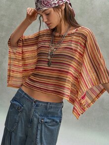 Bohemela 女款休閒條紋蝙蝠袖上衣，適合度假穿著 - 彩色 - 查看 3
