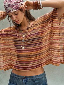Bohemela 女款休閒條紋蝙蝠袖上衣，適合度假穿著 - 彩色 - 查看 5