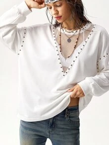 Bohemela Sweatshirt Wanita Seksi Streetwear dengan Patchwork Jaring dan Rivet, Lengan Panjang, untuk Sehari-hari dan Pergi Keluar, Putih dan Emas, Musim Gugur - Putih - View 9