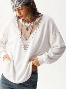Bohemela Sweatshirt Wanita Seksi Streetwear dengan Patchwork Jaring dan Rivet, Lengan Panjang, untuk Sehari-hari dan Pergi Keluar, Putih dan Emas, Musim Gugur - Putih - View 3