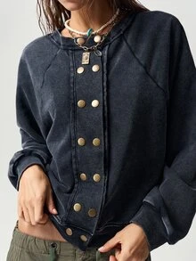 Bohemela Women's Raglan Long Sleeve Button Design Casual Sweatshirt - Black - View 1