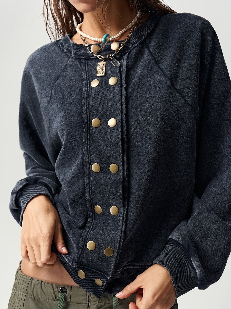Bohemela Women's Raglan Long Sleeve Button Design Casual Sweatshirt - Black - View 1