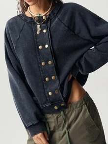 Bohemela Women's Raglan Long Sleeve Button Design Casual Sweatshirt - Black - View 7