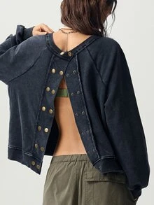 Bohemela Women's Raglan Long Sleeve Button Design Casual Sweatshirt - Black - View 2