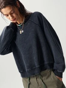 Bohemela Women's Raglan Long Sleeve Button Design Casual Sweatshirt - Black - View 4