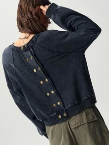 Bohemela Women's Raglan Long Sleeve Button Design Casual Sweatshirt - Black - View 5