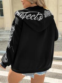 SHEIN CURVE+ 黑色連帽拉鍊長袖字母刺繡 2026 秋季大尺碼 22W 返校運動休閒海灘正式街頭風 Anti Social - 黑色 - 查看 3