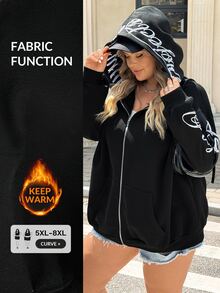 SHEIN CURVE+ 黑色連帽拉鍊長袖字母刺繡 2026 秋季大尺碼 22W 返校運動休閒海灘正式街頭風 Anti Social - 黑色 - 查看 2