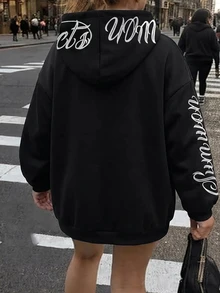 SHEIN CURVE+ 黑色連帽拉鍊長袖字母刺繡 2026 秋季大尺碼 22W 返校運動休閒海灘正式街頭風 Anti Social - 黑色 - 查看 7