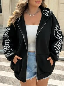 SHEIN CURVE+ 黑色連帽拉鍊長袖字母刺繡 2026 秋季大尺碼 22W 返校運動休閒海灘正式街頭風 Anti Social - 黑色 - 查看 4