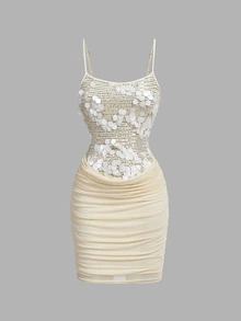 SHEIN MOD Women's Fashion Party Sequin Contrast Mesh Spaghetti Strap Mini Dress - Apricot - View 5