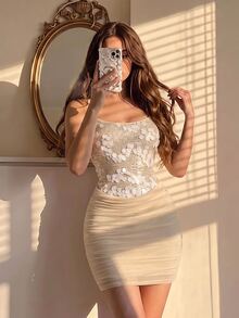 SHEIN MOD Women's Fashion Party Sequin Contrast Mesh Spaghetti Strap Mini Dress - Apricot - View 2