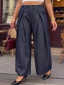 SHEIN MOD Fashion Plus Size Women's Elegant Deep Blue Wide Leg Suit Pants, Casual, Commute - Blue - View 6