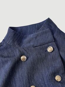 SHEIN MOD Conjunto de traje de blazer de doble botonadura y pantalones cortos para mujer - Azul Marino - Ver 7
