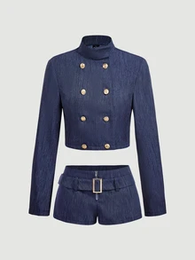 SHEIN MOD Conjunto de traje de blazer de doble botonadura y pantalones cortos para mujer - Azul Marino - Ver 5