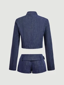 SHEIN MOD Conjunto de traje de blazer de doble botonadura y pantalones cortos para mujer - Azul Marino - Ver 6