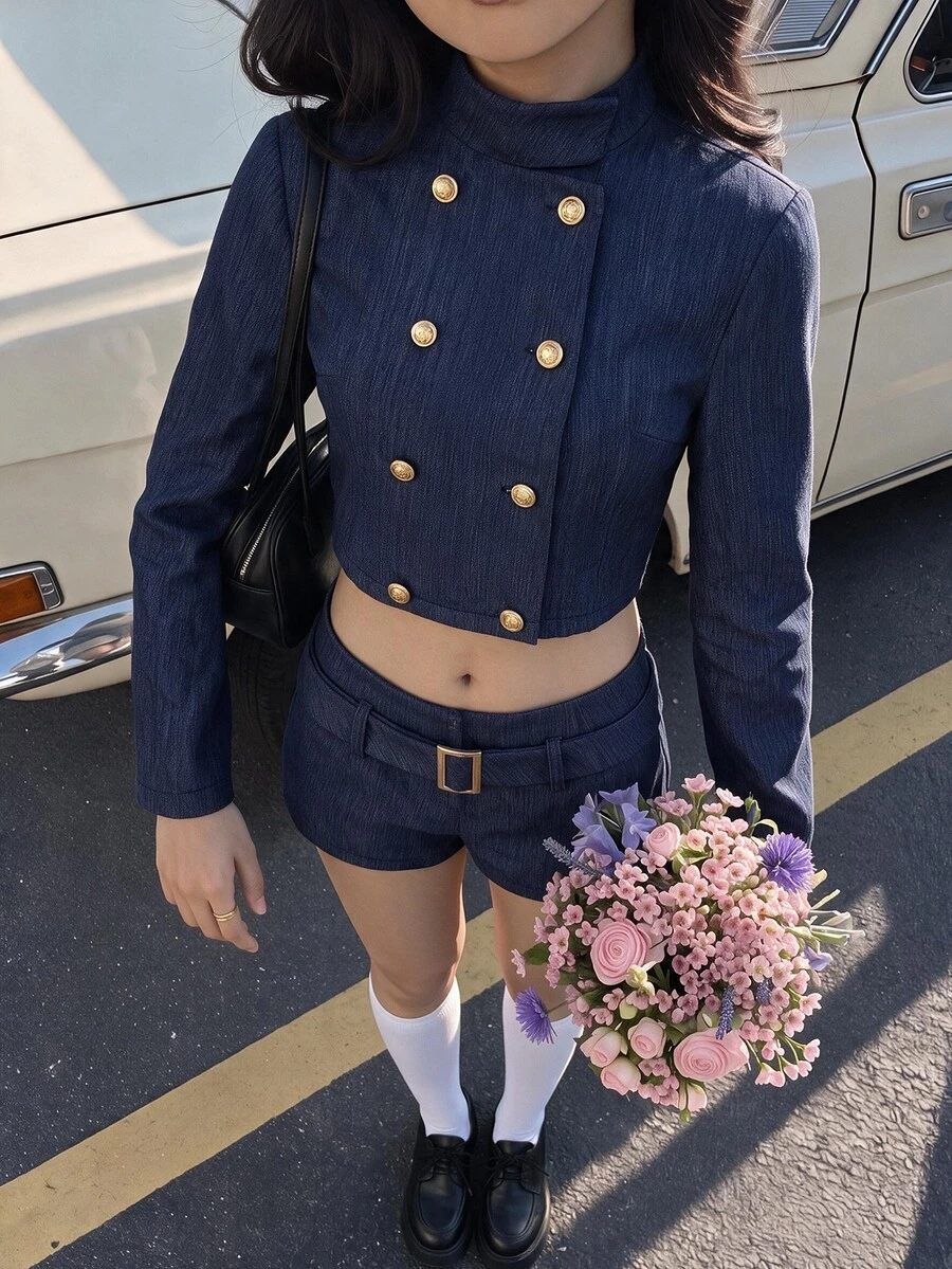 SHEIN MOD 女款雙排扣西裝外套與短褲套裝,海軍藍夏季優雅學院風早午餐穿搭 - 藏蓝色 - 查看 1