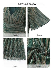 Femmeverse Plus Size Women V-Neck Color Block Casual Party Dress - Dark Green - View 5