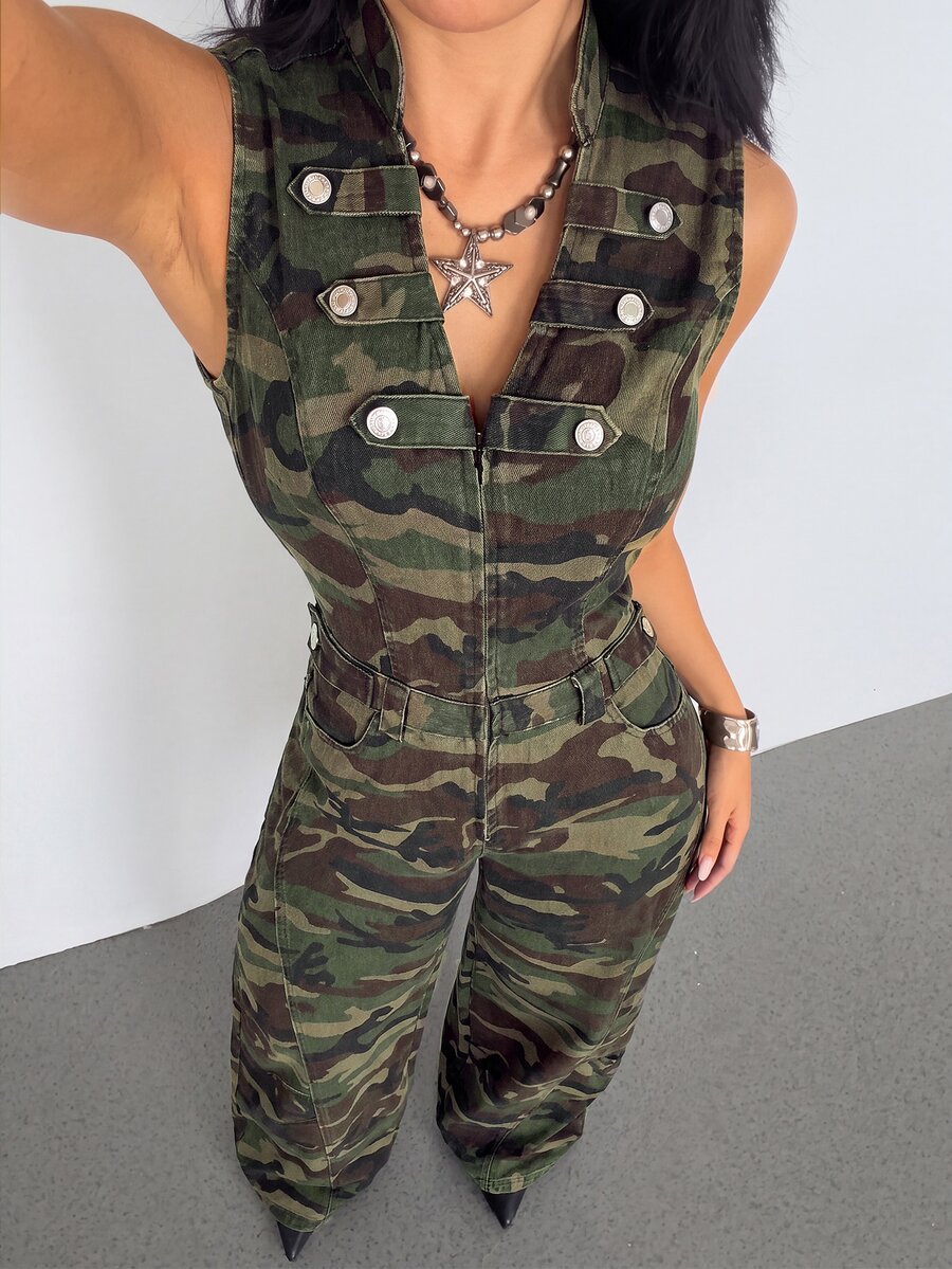 StreetHx Camouflage Non-Stretch Denim Jumpsuit - Army Green - View 1