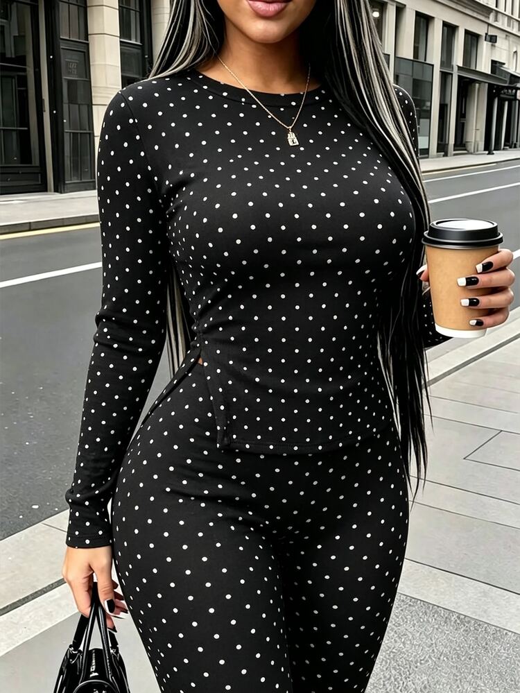 Rovax Women's French Polka Dot Print Long Sleeve Top And Pants 2 Pieces Set - Multicolor - View 1