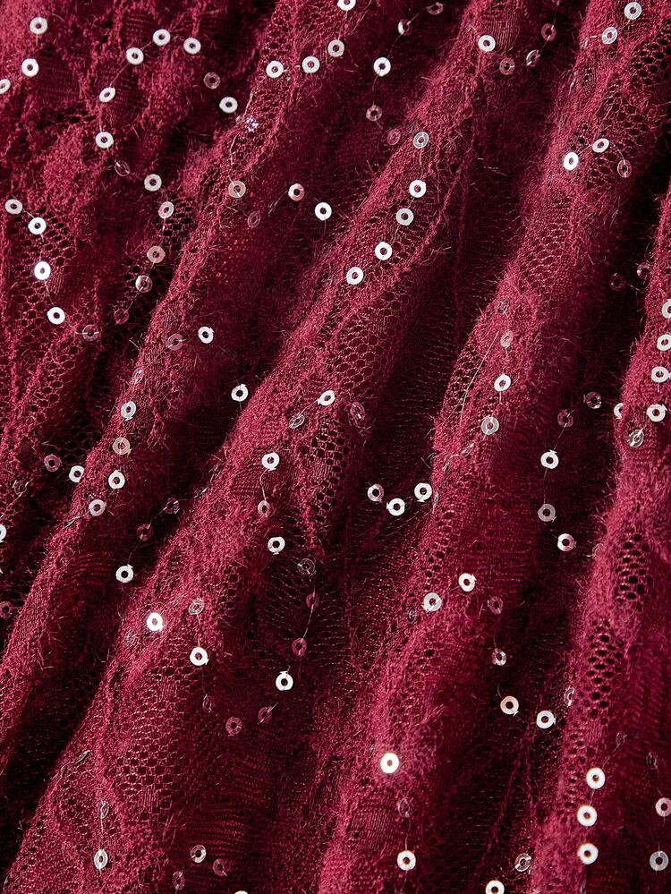 SHEIN MOD Burgundy Lace Sequin Asymmetrical Shoulder Long Dress For Women,Vacation Formal Dress Luxury Evening Wedding Dress Halloween Christmas Party New Year - Burgundy - View 8