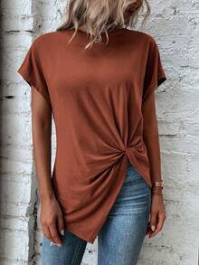 EMERY ROSE Summer Casual Solid Color Batwing Twist Asymmetric Hem T-Shirt - Brown - View 8