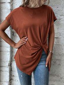EMERY ROSE Summer Casual Solid Color Batwing Twist Asymmetric Hem T-Shirt - Brown - View 7