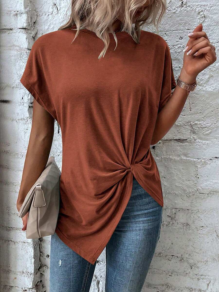 EMERY ROSE Summer Casual Solid Color Batwing Twist Asymmetric Hem T-Shirt - Brown - View 1
