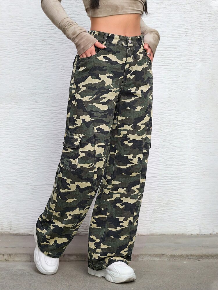 StreetHx Women's Camouflage Zipper Fly Flap Pocket Cargo Jeans Autumn - Army Green - View 7